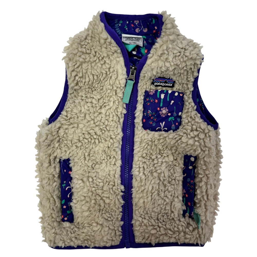 Patagonia Baby Retro-X Vest 12-18M Cream Purple Floral Fleece